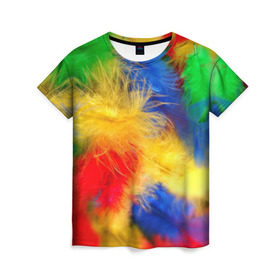 Женская футболка 3D с принтом Цветные перья , 100% полиэфир ( синтетическое хлопкоподобное полотно) | прямой крой, круглый вырез горловины, длина до линии бедер | перья | радуга | спектр | фон | цвета | цветные | яркие