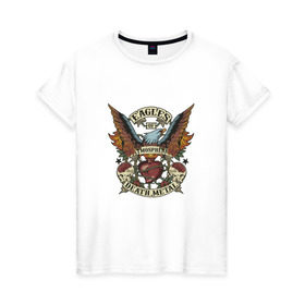 Женская футболка хлопок с принтом Eagles of Death Metal , 100% хлопок | прямой крой, круглый вырез горловины, длина до линии бедер, слегка спущенное плечо | дэтметал | метал | мош | орлы