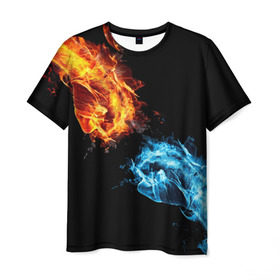 Мужская футболка 3D с принтом Синее и красное пламя , 100% полиэфир | прямой крой, круглый вырез горловины, длина до линии бедер | кулак | огонь