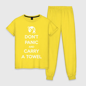 Женская пижама хлопок с принтом Dont panic , 100% хлопок | брюки и футболка прямого кроя, без карманов, на брюках мягкая резинка на поясе и по низу штанин | автостопом по галактике