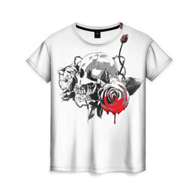 Женская футболка 3D с принтом Череп с розами , 100% полиэфир ( синтетическое хлопкоподобное полотно) | прямой крой, круглый вырез горловины, длина до линии бедер | готика | кровь | розы | череп | черно белое | шипы