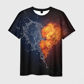 Мужская футболка 3D с принтом Water and flames heart , 100% полиэфир | прямой крой, круглый вырез горловины, длина до линии бедер | Тематика изображения на принте: вода | огонь огонь и вода | пар | прикольное | разное | сердце
