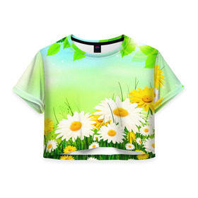 Женская футболка 3D укороченная с принтом Полевая ромашка , 100% полиэстер | круглая горловина, длина футболки до линии талии, рукава с отворотами | лето | цветы