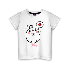 Детская футболка хлопок с принтом Кролик Моланг (клубника) , 100% хлопок | круглый вырез горловины, полуприлегающий силуэт, длина до линии бедер | molang | каваи | клубника | кролик | моланг | няш | няшя