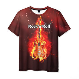 Мужская футболка 3D с принтом Rock`n`Roll , 100% полиэфир | прямой крой, круглый вырез горловины, длина до линии бедер | rocknroll | гитара | музыка | рок