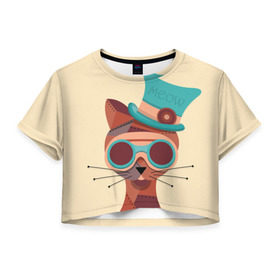 Женская футболка 3D укороченная с принтом Steampunk Cat , 100% полиэстер | круглая горловина, длина футболки до линии талии, рукава с отворотами | кот | коты | кошки | стимпанк