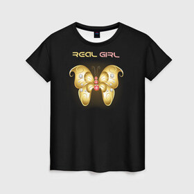 Женская футболка 3D с принтом Real girl , 100% полиэфир ( синтетическое хлопкоподобное полотно) | прямой крой, круглый вырез горловины, длина до линии бедер | girl | бабочка | бриллианты | девушка