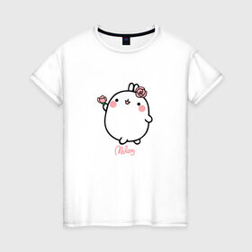 Женская футболка хлопок с принтом Кролик Моланг (цветы) , 100% хлопок | прямой крой, круглый вырез горловины, длина до линии бедер, слегка спущенное плечо | molang | каваи | кролик | моланг | няша | цветы