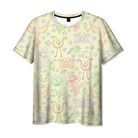 Мужская футболка 3D с принтом Разноцветные птицы , 100% полиэфир | прямой крой, круглый вырез горловины, длина до линии бедер | бабочки | звезды | птицы | растения | цветы