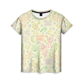 Женская футболка 3D с принтом Разноцветные птицы , 100% полиэфир ( синтетическое хлопкоподобное полотно) | прямой крой, круглый вырез горловины, длина до линии бедер | бабочки | звезды | птицы | растения | цветы