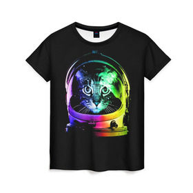 Женская футболка 3D с принтом Кот космонавт , 100% полиэфир ( синтетическое хлопкоподобное полотно) | прямой крой, круглый вырез горловины, длина до линии бедер | астронавт | звезды | космокот | космонавт | космос | кот | радуга