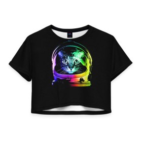 Женская футболка 3D укороченная с принтом Кот космонавт , 100% полиэстер | круглая горловина, длина футболки до линии талии, рукава с отворотами | астронавт | звезды | космокот | космонавт | космос | кот | радуга