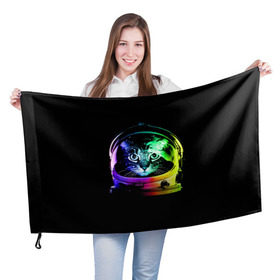 Флаг 3D с принтом Кот космонавт , 100% полиэстер | плотность ткани — 95 г/м2, размер — 67 х 109 см. Принт наносится с одной стороны | астронавт | звезды | космокот | космонавт | космос | кот | радуга
