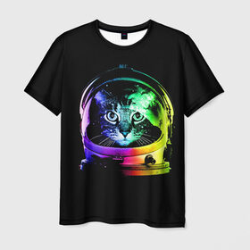 Мужская футболка 3D с принтом Кот космонавт , 100% полиэфир | прямой крой, круглый вырез горловины, длина до линии бедер | астронавт | звезды | космокот | космонавт | космос | кот | радуга
