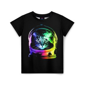 Детская футболка 3D с принтом Кот космонавт , 100% гипоаллергенный полиэфир | прямой крой, круглый вырез горловины, длина до линии бедер, чуть спущенное плечо, ткань немного тянется | Тематика изображения на принте: астронавт | звезды | космокот | космонавт | космос | кот | радуга