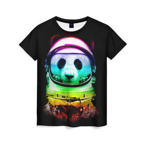 Женская футболка 3D с принтом Панда космонавт , 100% полиэфир ( синтетическое хлопкоподобное полотно) | прямой крой, круглый вырез горловины, длина до линии бедер | астронавт | звезды | космонавт | космос | панда | радуга