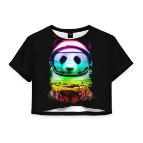 Женская футболка 3D укороченная с принтом Панда космонавт , 100% полиэстер | круглая горловина, длина футболки до линии талии, рукава с отворотами | астронавт | звезды | космонавт | космос | панда | радуга