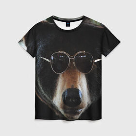 Женская футболка 3D с принтом Медведь в очках , 100% полиэфир ( синтетическое хлопкоподобное полотно) | прямой крой, круглый вырез горловины, длина до линии бедер | животное | медведь | новая | очки | природа | стильная