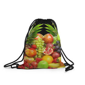 Рюкзак-мешок 3D с принтом Фрукты , 100% полиэстер | плотность ткани — 200 г/м2, размер — 35 х 45 см; лямки — толстые шнурки, застежка на шнуровке, без карманов и подкладки | Тематика изображения на принте: ананас | апельсин | арбуз | банан | виноград | гранат | груша | клубника | фрукты | яблоко | ягоды