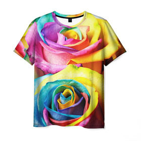 Мужская футболка 3D с принтом Радужная роза , 100% полиэфир | прямой крой, круглый вырез горловины, длина до линии бедер | Тематика изображения на принте: бутон | лепестки | радуга | радужная роза | спектр | цвет | цветные | яркий