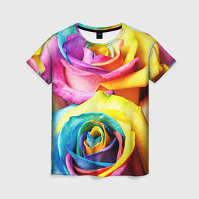 Женская футболка 3D с принтом Радужная роза , 100% полиэфир ( синтетическое хлопкоподобное полотно) | прямой крой, круглый вырез горловины, длина до линии бедер | бутон | лепестки | радуга | радужная роза | спектр | цвет | цветные | яркий