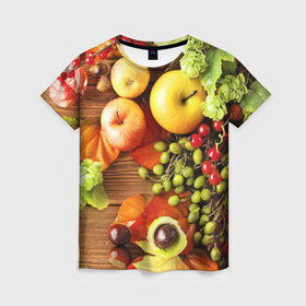 Женская футболка 3D с принтом Фрукты , 100% полиэфир ( синтетическое хлопкоподобное полотно) | прямой крой, круглый вырез горловины, длина до линии бедер | зелень | натюрморт | плоды | фрукты | яблоки | ягоды