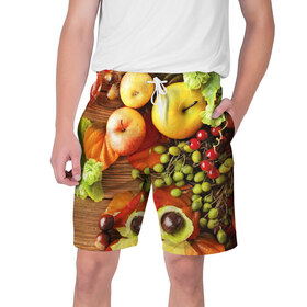 Мужские шорты 3D с принтом Фрукты ,  полиэстер 100% | прямой крой, два кармана без застежек по бокам. Мягкая трикотажная резинка на поясе, внутри которой широкие завязки. Длина чуть выше колен | зелень | натюрморт | плоды | фрукты | яблоки | ягоды