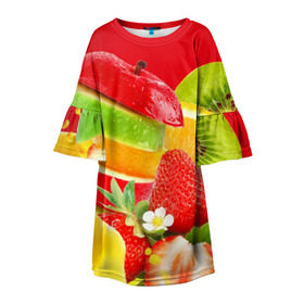 Детское платье 3D с принтом Фрукты , 100% полиэстер | прямой силуэт, чуть расширенный к низу. Круглая горловина, на рукавах — воланы | fresh | апедьсин | киви | клубника | пузыри | сок | фреш | фрукты | яблоко | ягоды