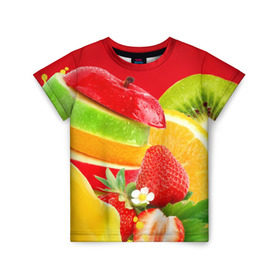Детская футболка 3D с принтом Фрукты , 100% гипоаллергенный полиэфир | прямой крой, круглый вырез горловины, длина до линии бедер, чуть спущенное плечо, ткань немного тянется | fresh | апедьсин | киви | клубника | пузыри | сок | фреш | фрукты | яблоко | ягоды