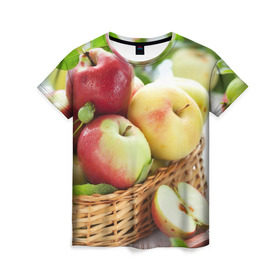 Женская футболка 3D с принтом Яблоки , 100% полиэфир ( синтетическое хлопкоподобное полотно) | прямой крой, круглый вырез горловины, длина до линии бедер | корзина | красные | яблоки