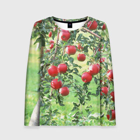 Женский лонгслив 3D с принтом Яблоки , 100% полиэстер | длинные рукава, круглый вырез горловины, полуприлегающий силуэт | дерево | зелень | красные | сад | яблоки