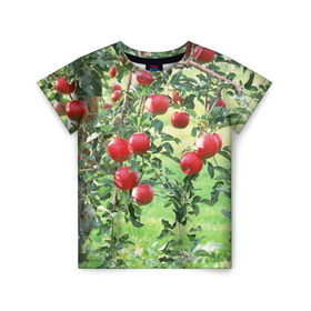 Детская футболка 3D с принтом Яблоки , 100% гипоаллергенный полиэфир | прямой крой, круглый вырез горловины, длина до линии бедер, чуть спущенное плечо, ткань немного тянется | Тематика изображения на принте: дерево | зелень | красные | сад | яблоки
