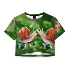 Женская футболка 3D укороченная с принтом Улитки , 100% полиэстер | круглая горловина, длина футболки до линии талии, рукава с отворотами | зеленая | любовь | природа | улитка