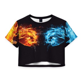 Женская футболка 3D укороченная с принтом Лёд и пламя , 100% полиэстер | круглая горловина, длина футболки до линии талии, рукава с отворотами | вода | красный | лёд и пламя | огонь | руки | синий | столкновение | удар