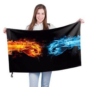 Флаг 3D с принтом Лёд и пламя , 100% полиэстер | плотность ткани — 95 г/м2, размер — 67 х 109 см. Принт наносится с одной стороны | вода | красный | лёд и пламя | огонь | руки | синий | столкновение | удар