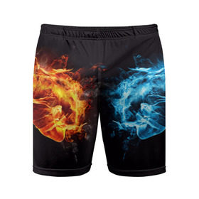 Мужские шорты 3D спортивные с принтом Лёд и пламя ,  |  | вода | красный | лёд и пламя | огонь | руки | синий | столкновение | удар