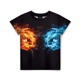 Детская футболка 3D с принтом Лёд и пламя , 100% гипоаллергенный полиэфир | прямой крой, круглый вырез горловины, длина до линии бедер, чуть спущенное плечо, ткань немного тянется | вода | красный | лёд и пламя | огонь | руки | синий | столкновение | удар