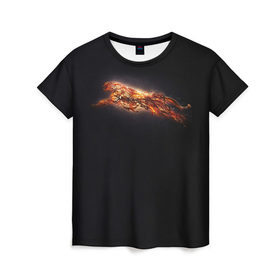 Женская футболка 3D с принтом Ягуар , 100% полиэфир ( синтетическое хлопкоподобное полотно) | прямой крой, круглый вырез горловины, длина до линии бедер | бег | желтый | кот | кошка | красный | огненный | прыжок | свет | светящийся | темный | черный | ягуар | яркое