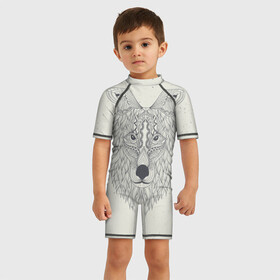 Детский купальный костюм 3D с принтом Волк-шаман , Полиэстер 85%, Спандекс 15% | застежка на молнии на спине | wolf | волк | животные | узоры | шаман