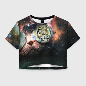 Женская футболка 3D укороченная с принтом Гагарин 3 , 100% полиэстер | круглая горловина, длина футболки до линии талии, рукава с отворотами | 12 апреля | гагарин | день космонавтики | космонавт | космонавтика | космос | юра | юрий