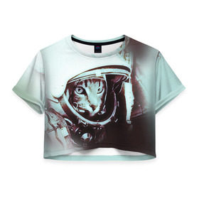 Женская футболка 3D укороченная с принтом Котмонавт , 100% полиэстер | круглая горловина, длина футболки до линии талии, рукава с отворотами | 12 апреля | гагарин | день космонавтики | космонавт | космонавтика | космос | юра | юрий