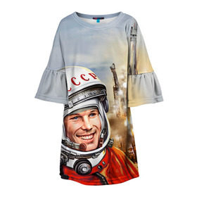Детское платье 3D с принтом Гагарин 8 , 100% полиэстер | прямой силуэт, чуть расширенный к низу. Круглая горловина, на рукавах — воланы | 12 апреля | гагарин | день космонавтики | космонавт | космонавтика | космос | юра | юрий