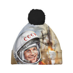 Шапка 3D c помпоном с принтом Гагарин 8 , 100% полиэстер | универсальный размер, печать по всей поверхности изделия | 12 апреля | гагарин | день космонавтики | космонавт | космонавтика | космос | юра | юрий
