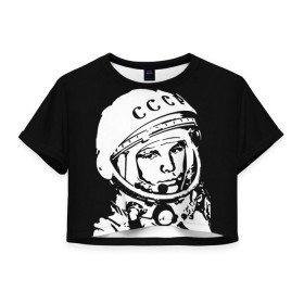 Женская футболка 3D укороченная с принтом Гагарин 9 , 100% полиэстер | круглая горловина, длина футболки до линии талии, рукава с отворотами | 12 апреля | гагарин | день космонавтики | космонавт | космонавтика | космос | юра | юрий