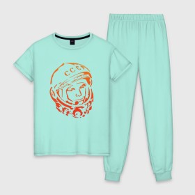 Женская пижама хлопок с принтом Гагарин 10 , 100% хлопок | брюки и футболка прямого кроя, без карманов, на брюках мягкая резинка на поясе и по низу штанин | 12 апреля | гагарин | день космонавтики | космонавт | космонавтика | космос | юра | юрий