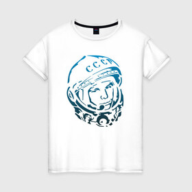 Женская футболка хлопок с принтом Гагарин 11 , 100% хлопок | прямой крой, круглый вырез горловины, длина до линии бедер, слегка спущенное плечо | 12 апреля | гагарин | день космонавтики | космонавт | космонавтика | космос | юра | юрий
