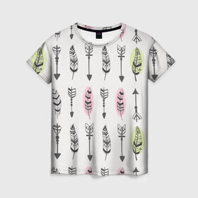 Женская футболка 3D с принтом Перья , 100% полиэфир ( синтетическое хлопкоподобное полотно) | прямой крой, круглый вырез горловины, длина до линии бедер | индейцы | перья | стрелы
