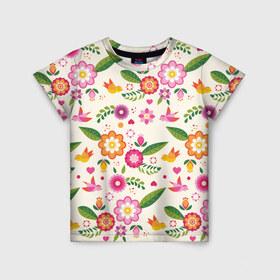 Детская футболка 3D с принтом Весенние настроение , 100% гипоаллергенный полиэфир | прямой крой, круглый вырез горловины, длина до линии бедер, чуть спущенное плечо, ткань немного тянется | весна | птицы | цветы