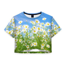 Женская футболка 3D укороченная с принтом Ромашки , 100% полиэстер | круглая горловина, длина футболки до линии талии, рукава с отворотами | луг | цветы