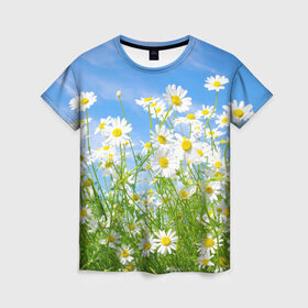 Женская футболка 3D с принтом Ромашки , 100% полиэфир ( синтетическое хлопкоподобное полотно) | прямой крой, круглый вырез горловины, длина до линии бедер | луг | цветы